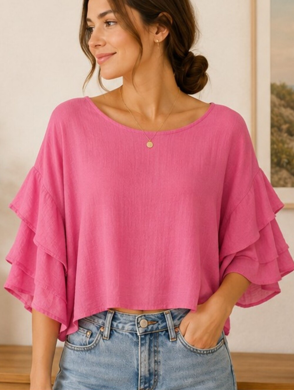 Urban Outfitters Pink Gauzy Cotton Ruffle Sleeve Cropped Top Small
